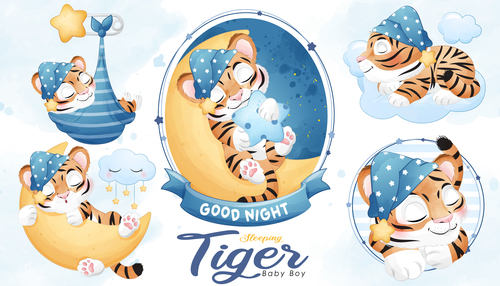 Little tiger sleeping watercolor illustration vector