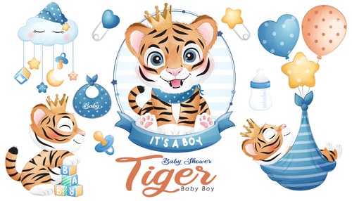 Little tiger watercolor illustration vector