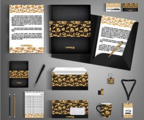 Office supplies set design vector on black and gold background