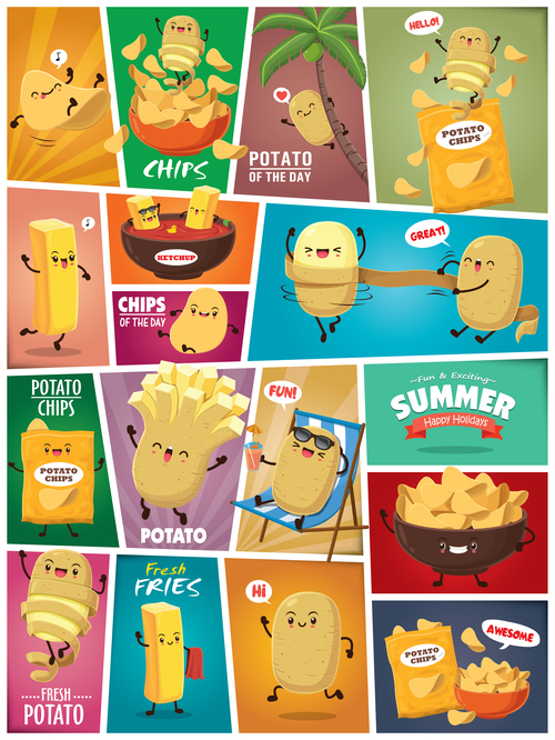Potato chips retro summer poster vector