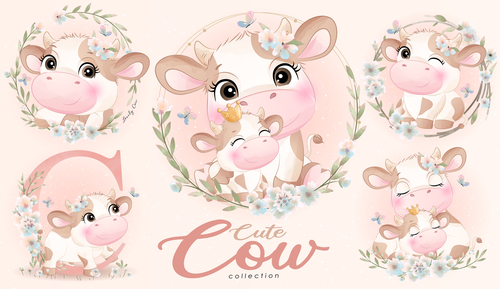 Set of doodle cow vector