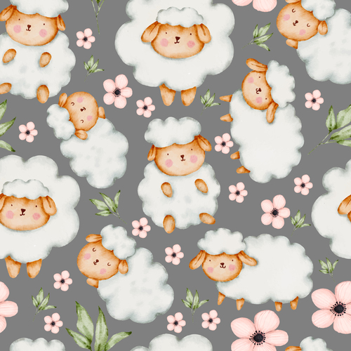 Sheep with flowers and leaves seamless pattern vector