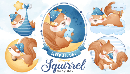 Sleeping squirrel watercolor illustration vector