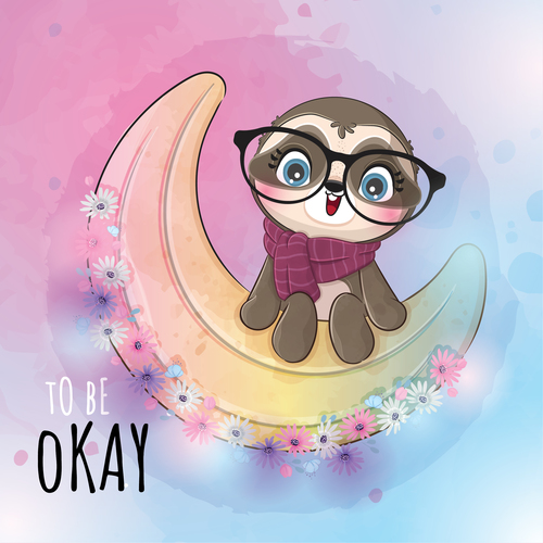 Sloth sitting on the crescent moon watercolor illustration vector