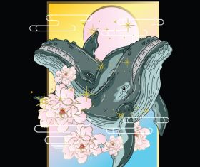 Whale illustration with japanese style vector