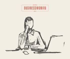 Business woman using laptop computer illustration vector hand painted