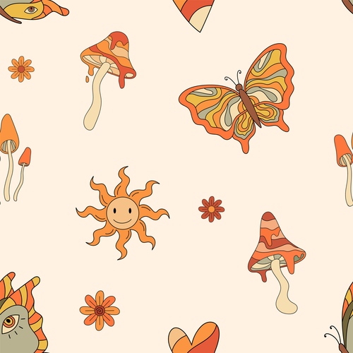 Butterfly mushroom and other seamless cartoon patterns vector