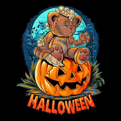 Cute halloween teddy bear with knife sitting pumpkin vector