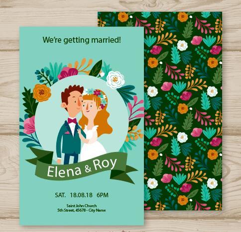 Flower frame cartoon wedding invitation card design vector