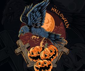 Halloween crow flying with pumpkin vector