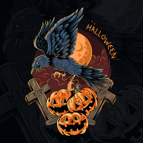 Halloween crow flying with pumpkin vector