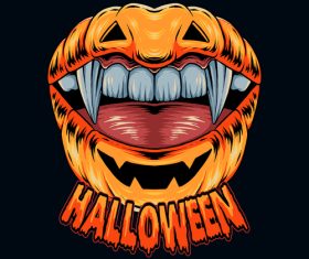 Lip shaped halloween pumpkin with pretty vampire teeth vecto
