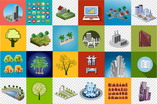 Plants and buildings cartoon collection vector