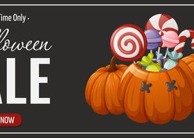 Pumpkins with sweet treat inside vector illustration banner advertising