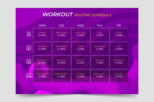 Purple background workout routine schedule vector