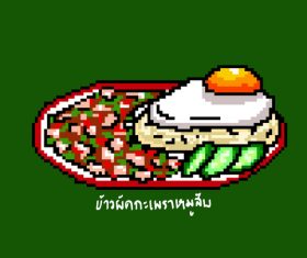 Rice topped with stirfried pork basil set pixel art style vector