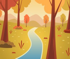 Vector background falling leaves with orange sky