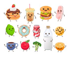 Breakfast food characters with cute faces vector