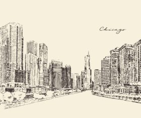 Chicago big city architecture engraving vector illustration