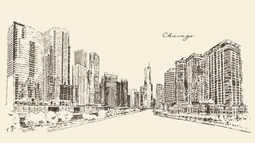 Chicago big city architecture engraving vector illustration
