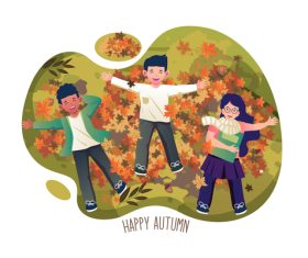 Children lying on a pile of leaves in autumn vector