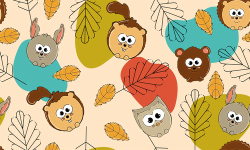 Colored autumn seamless pattern background with cute animals vector