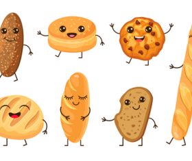 Cute bread cartoon characters vector illustrations set