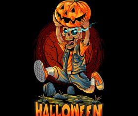 Cute halloween zombie running with pumpkin vector
