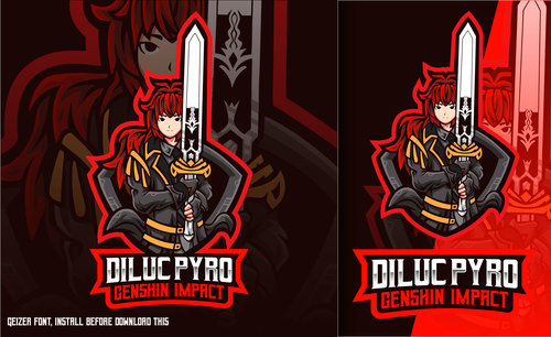 Diluc pyro sword genshin impact esport logo vector