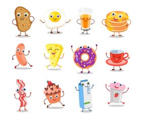 Funny happy characters of morning food set vector