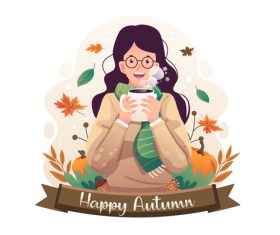 Girl enjoy autumn with a cup of coffee vector