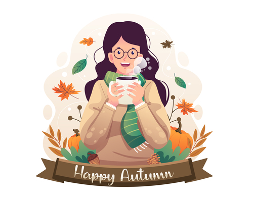 Girl enjoy autumn with a cup of coffee vector