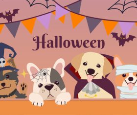 Halloween party friend group dog wear fantasy costume flat vector style