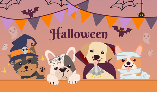Halloween party friend group dog wear fantasy costume flat vector style