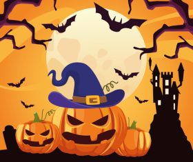 Happy halloween card with castle pumpkins scene vector