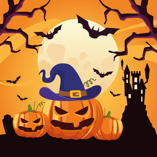 Happy halloween card with castle pumpkins scene vector