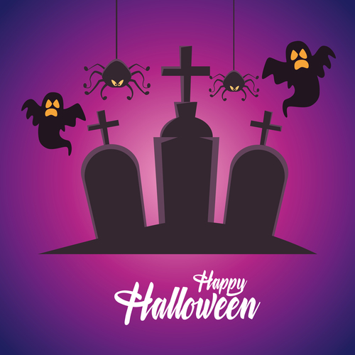 Happy halloween card with ghosts spiders cemetery vector