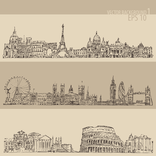 London paris rome big city architecture vintage engraved illustration vector
