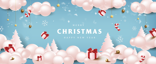 Merry christmas happy poster banner with winter festive decoration vecto