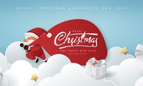 Santa claus with huge bag run delivery christmas gifts white cloud background vector