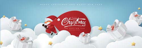 Santa claus with huge bag run delivery christmas gifts white cloud background vector