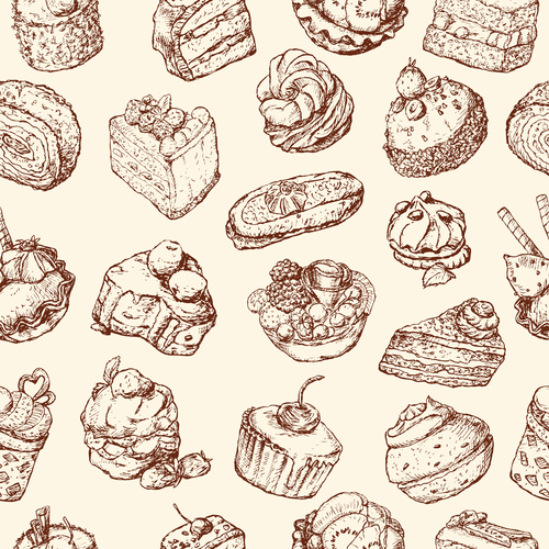 Seamless background with cakes sketches vector