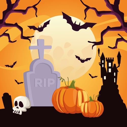 Skull pumpkin cemetery vector