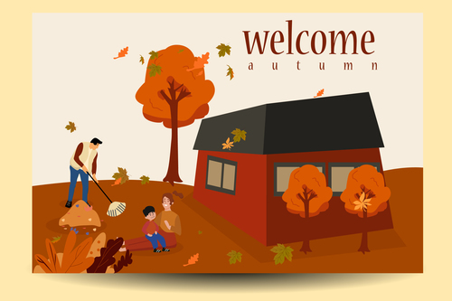The family is playing and cleaning the dry leaves in autumn in front of the house cheerfully vector