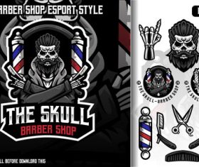 The skull barber shop set mascot logo vector