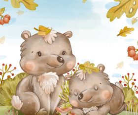 Two little bears in the forest watercolor illustration vector
