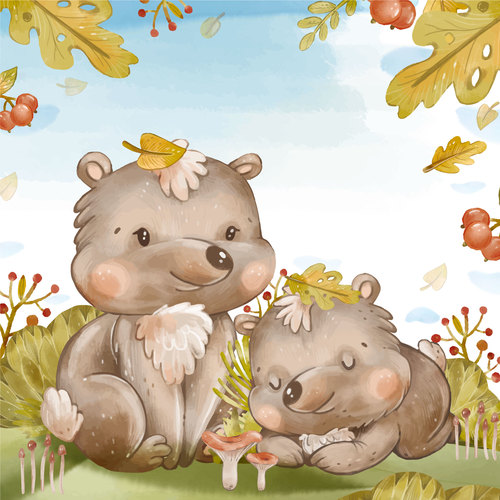 Two little bears in the forest watercolor illustration vector