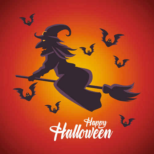 Witch flying broom bats vector