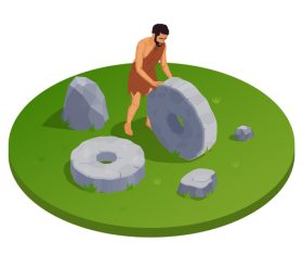Ancient person trundling wheel made stone vector