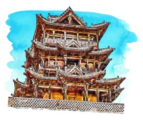 Architecture china watercolor hand drawn illustration background vector